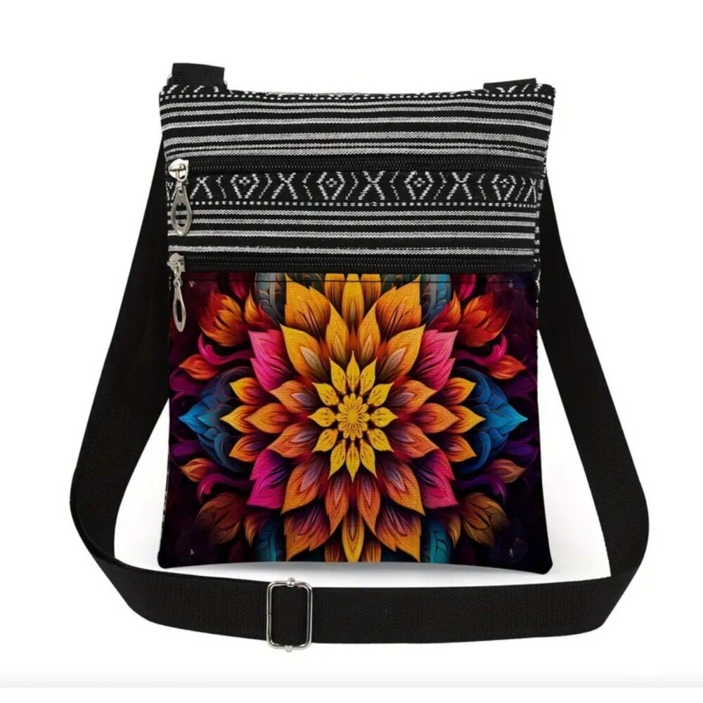 Black and colorful‎ flower boho style crossbody bag purse , flower mandala